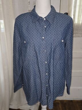 Talbots Navy Blue Patterned Long-Sleeve Button-Down Shirt
